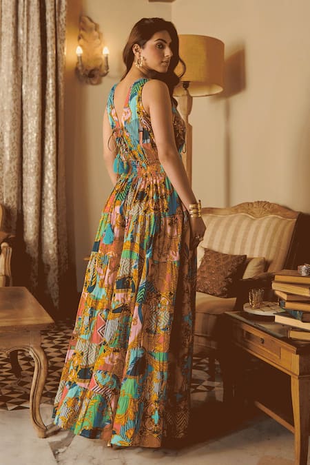 Cin Cin_Multi Color Cotton V-neck Abstract Ornamental Print Maxi Dress_at_Aza_Fashions