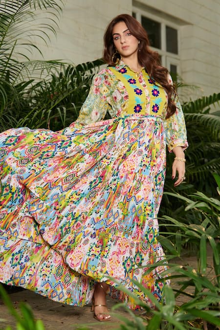 Cin Cin Multi Color 100% Cambric Cotton Printed Ikkat Floral Collar Maxi Dress