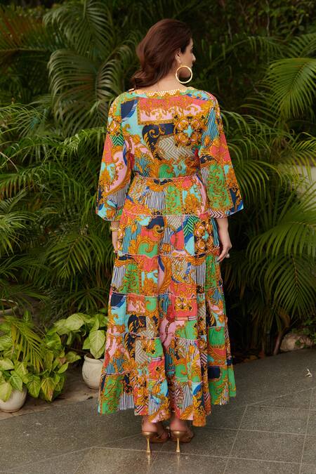 Shop Cin Cin Multi Color Cotton Mirrors, Lace V-neck Ornamental Print Maxi Dress at Aza Fashions Shop_Cin Cin_Multi Color Cotton Mirrors, Lace V-neck Ornamental Print Maxi Dress_at_Aza_Fashions