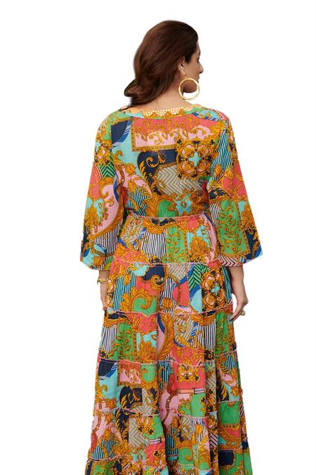 Cin Cin Multi Color Cotton Mirrors, Lace V-neck Ornamental Print Maxi Dress Online at Aza Fashions Cin Cin_Multi Color Cotton Mirrors, Lace V-neck Ornamental Print Maxi Dress_Online_at_Aza_Fashions