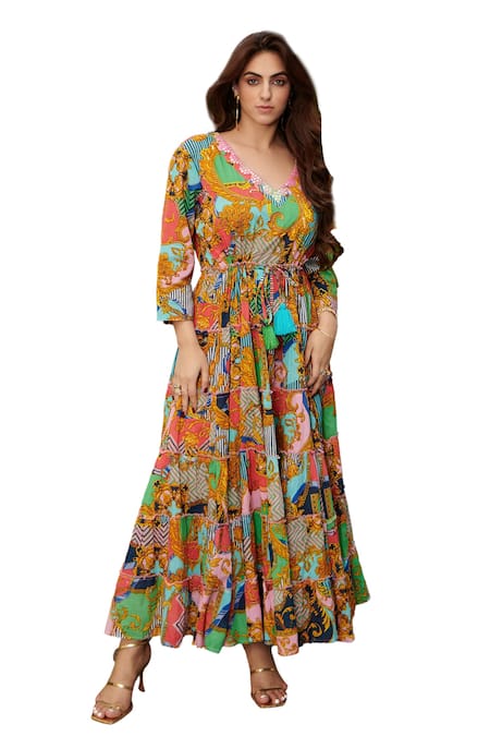 Buy Cin Cin Multi Color Cotton Mirrors, Lace V-neck Ornamental Print Maxi Dress Online at Aza Fashions Buy_Cin Cin_Multi Color Cotton Mirrors, Lace V-neck Ornamental Print Maxi Dress_Online_at_Aza_Fashions