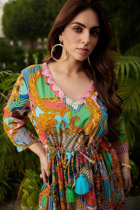 Shop Cin Cin Multi Color Cotton Mirrors, Lace V-neck Ornamental Print Maxi Dress Shop_Cin Cin_Multi Color Cotton Mirrors, Lace V-neck Ornamental Print Maxi Dress