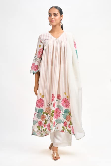 Buy_Tanu Malhotra_White Cotton, Organza, Silk Gota Patti V-neck Floral Stripe Print Kurta Set 