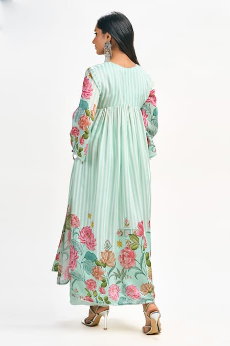 Shop_Tanu Malhotra_Blue Cotton, Silk, Organza Gota Patti, Embroidery V-neck Printed Kurta Set _at_Aza_Fashions