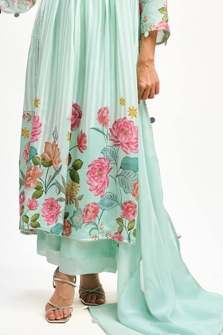 Buy_Tanu Malhotra_Blue Cotton, Silk, Organza Gota Patti, Embroidery V-neck Printed Kurta Set _Online_at_Aza_Fashions