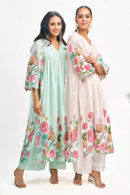 Shop_Tanu Malhotra_Blue Cotton, Silk, Organza Gota Patti, Embroidery V-neck Printed Kurta Set _Online_at_Aza_Fashions