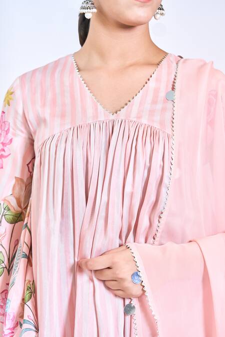 Tanu Malhotra_Peach Cotton, Silk, Organza Gota Floral Stripe Print Kurta Flared Pant Set _Online_at_Aza_Fashions