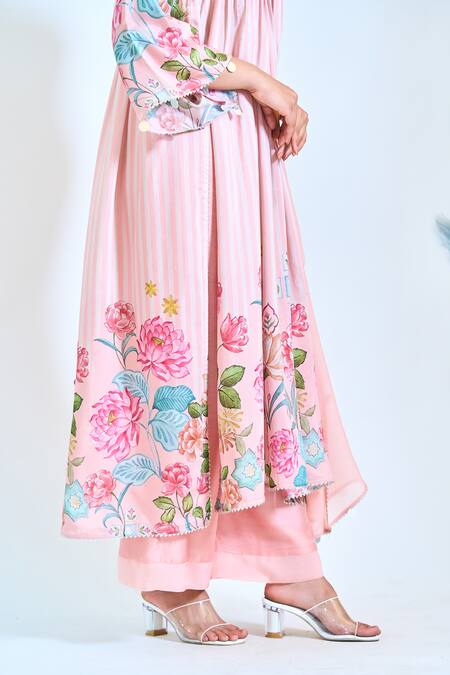 Buy_Tanu Malhotra_Peach Cotton, Silk, Organza Gota Floral Stripe Print Kurta Flared Pant Set _Online_at_Aza_Fashions