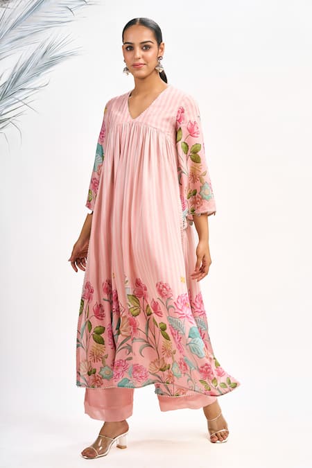 Shop_Tanu Malhotra_Peach Cotton, Silk, Organza Gota Floral Stripe Print Kurta Flared Pant Set _Online_at_Aza_Fashions