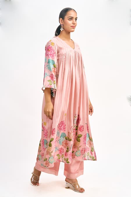 Tanu Malhotra_Peach Cotton, Silk, Organza Gota Floral Stripe Print Kurta Flared Pant Set _at_Aza_Fashions