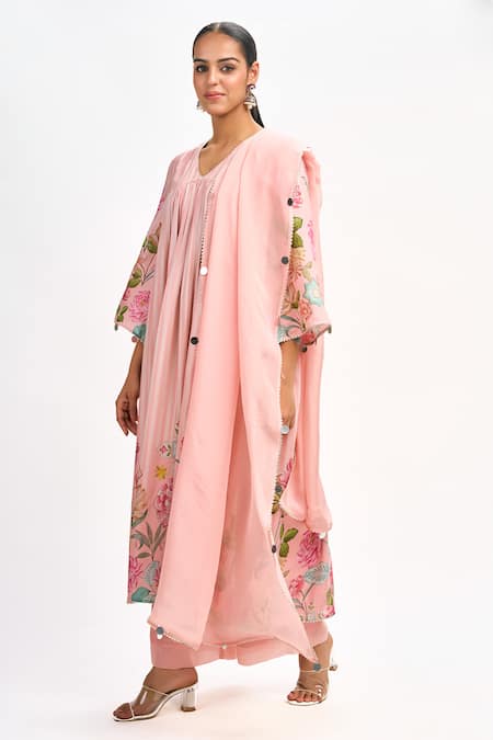 Buy_Tanu Malhotra_Peach Cotton, Silk, Organza Gota Floral Stripe Print Kurta Flared Pant Set 