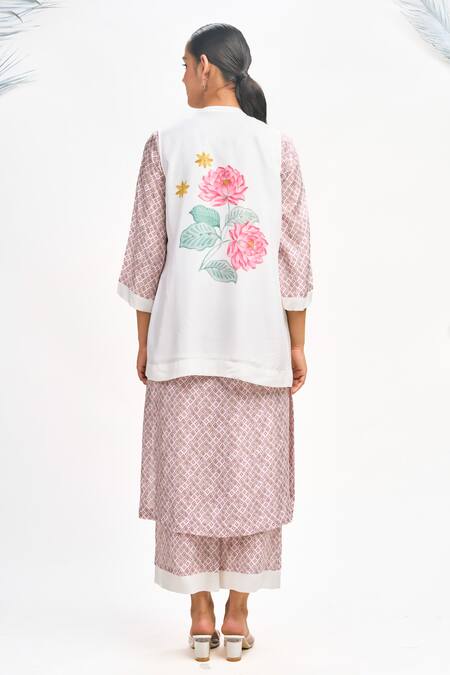 Shop Tanu Malhotra White Cotton, Silk Embroidery Open , Round Lotus Print Jacket Kurta Set at Aza Fashions Shop_Tanu Malhotra_White Cotton, Silk Embroidery Open , Round Lotus Print Jacket Kurta Set_at_Aza_Fashions
