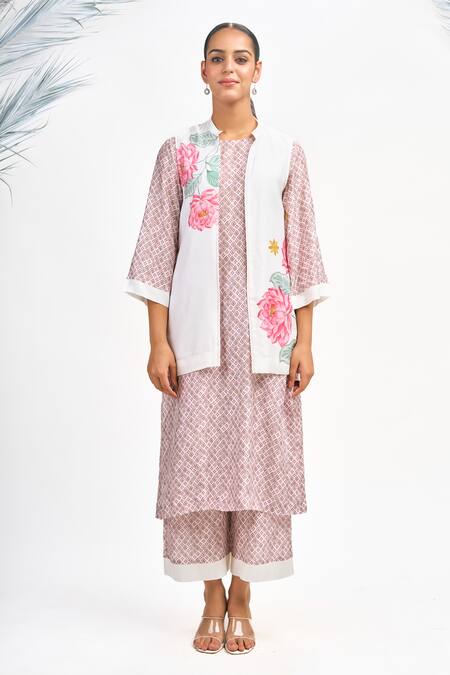 Shop Tanu Malhotra White Cotton, Silk Embroidery Open , Round Lotus Print Jacket Kurta Set Online at Aza Fashions Shop_Tanu Malhotra_White Cotton, Silk Embroidery Open , Round Lotus Print Jacket Kurta Set_Online_at_Aza_Fashions