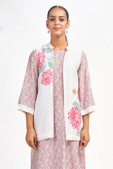 Tanu Malhotra White Cotton, Silk Embroidery Open , Round Lotus Print Jacket Kurta Set at Aza Fashions Tanu Malhotra_White Cotton, Silk Embroidery Open , Round Lotus Print Jacket Kurta Set_at_Aza_Fashions