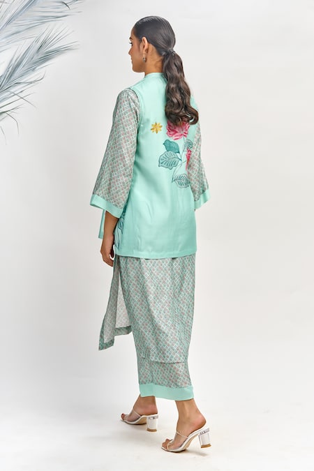 Shop Tanu Malhotra Blue Cotton, Silk Embroidery Open Neck, Lotus Placement Print Jacket Kurta Set at Aza Fashions Shop_Tanu Malhotra_Blue Cotton, Silk Embroidery Open Neck, Lotus Placement Print Jacket Kurta Set_at_Aza_Fashions