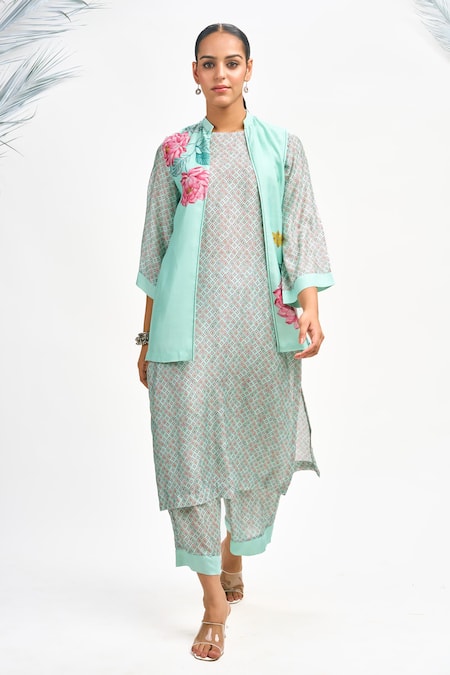 Tanu Malhotra Blue Cotton, Silk Embroidery Open Neck, Lotus Placement Print Jacket Kurta Set Online at Aza Fashions Tanu Malhotra_Blue Cotton, Silk Embroidery Open Neck, Lotus Placement Print Jacket Kurta Set_Online_at_Aza_Fashions