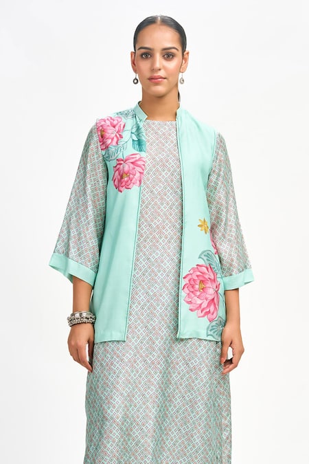 Buy Tanu Malhotra Blue Cotton, Silk Embroidery Open Neck, Lotus Placement Print Jacket Kurta Set Online at Aza Fashions Buy_Tanu Malhotra_Blue Cotton, Silk Embroidery Open Neck, Lotus Placement Print Jacket Kurta Set_Online_at_Aza_Fashions