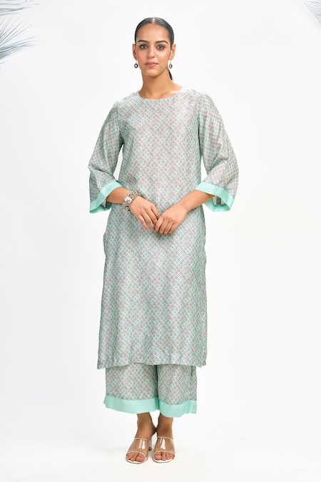 Shop Tanu Malhotra Blue Cotton, Silk Embroidery Open Neck, Lotus Placement Print Jacket Kurta Set Online at Aza Fashions Shop_Tanu Malhotra_Blue Cotton, Silk Embroidery Open Neck, Lotus Placement Print Jacket Kurta Set_Online_at_Aza_Fashions