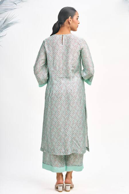 Buy Tanu Malhotra Blue Cotton, Silk Embroidery Open Neck, Lotus Placement Print Jacket Kurta Set Buy_Tanu Malhotra_Blue Cotton, Silk Embroidery Open Neck, Lotus Placement Print Jacket Kurta Set