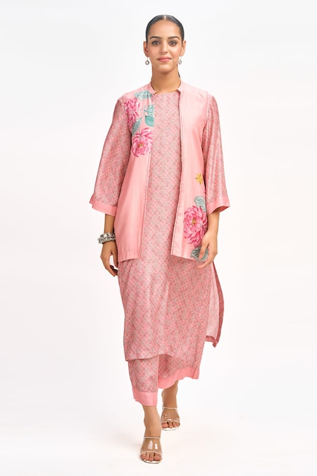 Tanu Malhotra_Peach Cotton, Silk Embroidery Open , Round Printed Jacket Kurta Set_Online_at_Aza_Fashions