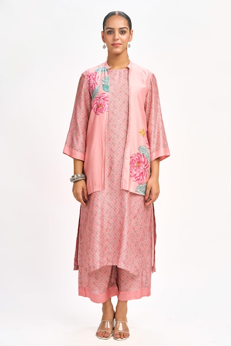 Buy_Tanu Malhotra_Peach Cotton, Silk Embroidery Open , Round Printed Jacket Kurta Set_Online_at_Aza_Fashions