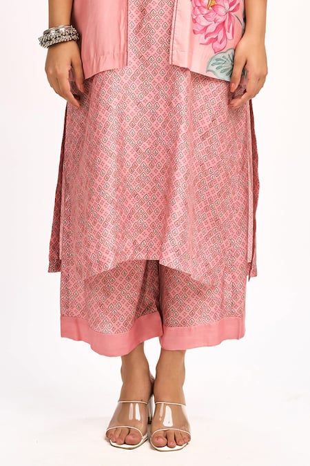 Shop_Tanu Malhotra_Peach Cotton, Silk Embroidery Open , Round Printed Jacket Kurta Set_Online_at_Aza_Fashions