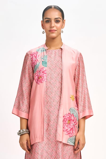 Tanu Malhotra_Peach Cotton, Silk Embroidery Open , Round Printed Jacket Kurta Set_at_Aza_Fashions