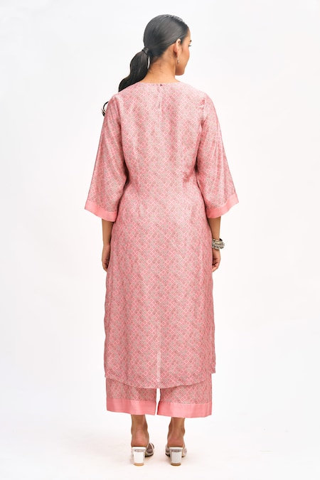 Buy_Tanu Malhotra_Peach Cotton, Silk Embroidery Open , Round Printed Jacket Kurta Set