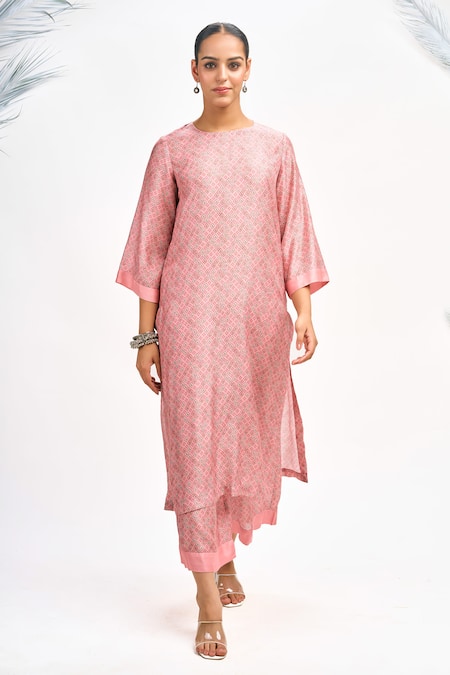 Shop_Tanu Malhotra_Peach Cotton, Silk Embroidery Open , Round Printed Jacket Kurta Set