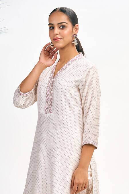 Buy_Tanu Malhotra_White Cotton, Silk, Organza Gota Patti, Embroidery Polka Dot Print Kurta Set _Online_at_Aza_Fashions