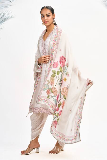 Shop_Tanu Malhotra_White Cotton, Silk, Organza Gota Patti, Embroidery Polka Dot Print Kurta Set 