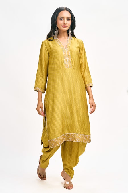 Tanu Malhotra Yellow Cotton, Silk, Organza Embroidery, Polka Dot Print Kurta Dhoti Pant Set at Aza Fashions Tanu Malhotra_Yellow Cotton, Silk, Organza Embroidery, Polka Dot Print Kurta Dhoti Pant Set _at_Aza_Fashions
