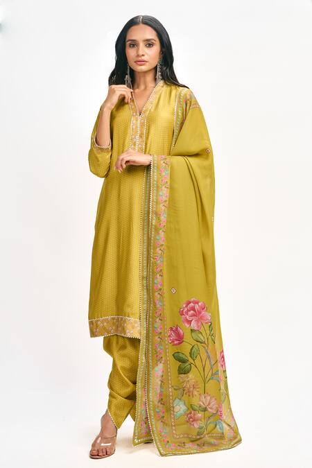 Shop Tanu Malhotra Yellow Cotton, Silk, Organza Embroidery, Polka Dot Print Kurta Dhoti Pant Set Shop_Tanu Malhotra_Yellow Cotton, Silk, Organza Embroidery, Polka Dot Print Kurta Dhoti Pant Set