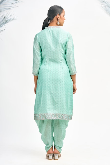 Shop Tanu Malhotra Blue Cotton, Silk, Organza Gota Patti, Embroidery Printed Kurta Dhoti Pant Set at Aza Fashions Shop_Tanu Malhotra_Blue Cotton, Silk, Organza Gota Patti, Embroidery Printed Kurta Dhoti Pant Set _at_Aza_Fashions