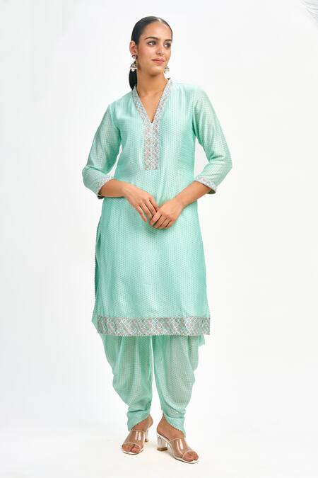 Tanu Malhotra Blue Cotton, Silk, Organza Gota Patti, Embroidery Printed Kurta Dhoti Pant Set Online at Aza Fashions Tanu Malhotra_Blue Cotton, Silk, Organza Gota Patti, Embroidery Printed Kurta Dhoti Pant Set _Online_at_Aza_Fashions