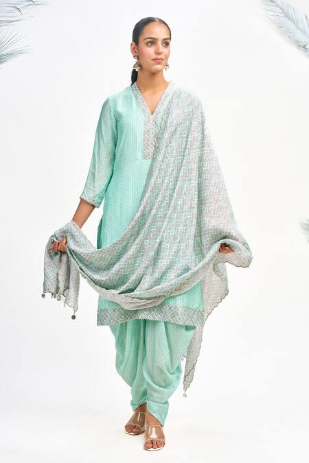 Tanu Malhotra Blue Cotton, Silk, Organza Gota Patti, Embroidery Printed Kurta Dhoti Pant Set at Aza Fashions Tanu Malhotra_Blue Cotton, Silk, Organza Gota Patti, Embroidery Printed Kurta Dhoti Pant Set _at_Aza_Fashions