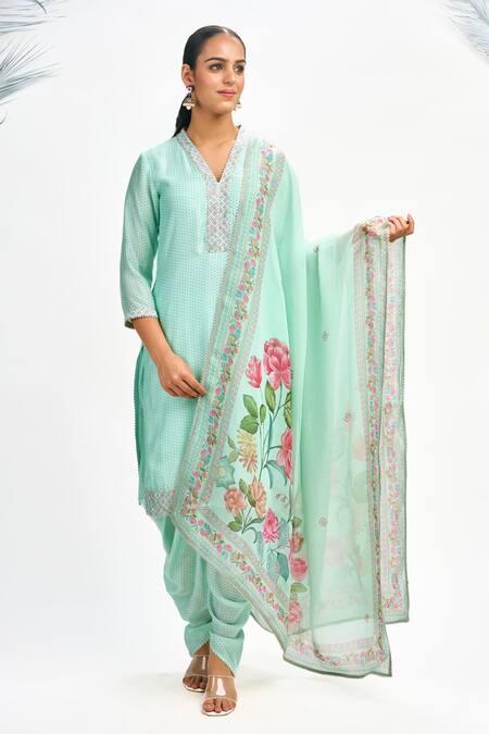 Buy Tanu Malhotra Blue Cotton, Silk, Organza Gota Patti, Embroidery Printed Kurta Dhoti Pant Set Buy_Tanu Malhotra_Blue Cotton, Silk, Organza Gota Patti, Embroidery Printed Kurta Dhoti Pant Set