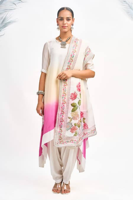 Buy_Tanu Malhotra_White Cotton, Silk, Organza Embroidery Round Neck Ombre Kurta Set _Online_at_Aza_Fashions