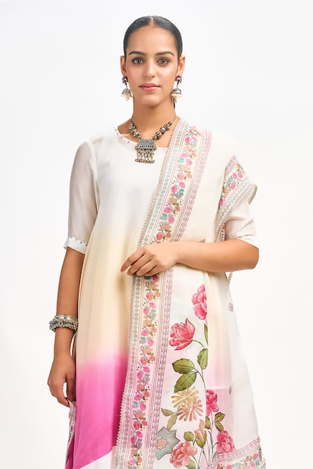 Shop_Tanu Malhotra_White Cotton, Silk, Organza Embroidery Round Neck Ombre Kurta Set _Online_at_Aza_Fashions