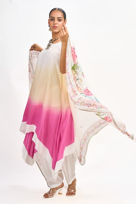 Tanu Malhotra_White Cotton, Silk, Organza Embroidery Round Neck Ombre Kurta Set _at_Aza_Fashions