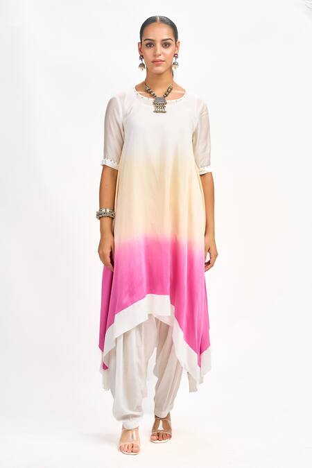 Buy_Tanu Malhotra_White Cotton, Silk, Organza Embroidery Round Neck Ombre Kurta Set 