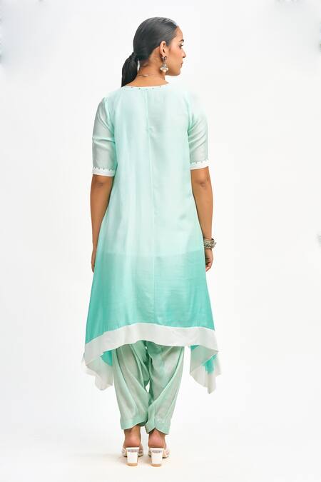 Shop Tanu Malhotra Blue Cotton, Silk, Organza Embroidery Round Neck Neckline Kurta Set at Aza Fashions Shop_Tanu Malhotra_Blue Cotton, Silk, Organza Embroidery Round Neck Neckline Kurta Set _at_Aza_Fashions
