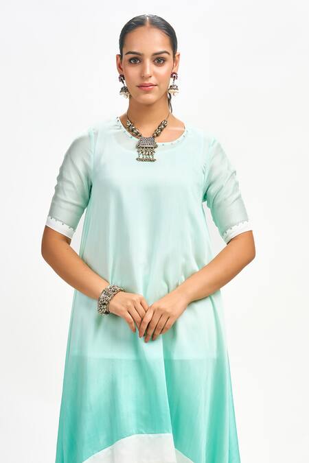 Shop Tanu Malhotra Blue Cotton, Silk, Organza Embroidery Round Neck Neckline Kurta Set Online at Aza Fashions Shop_Tanu Malhotra_Blue Cotton, Silk, Organza Embroidery Round Neck Neckline Kurta Set _Online_at_Aza_Fashions