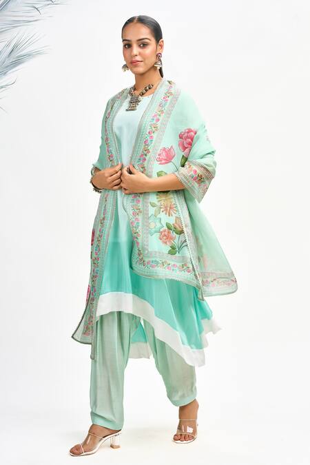 Buy Tanu Malhotra Blue Cotton, Silk, Organza Embroidery Round Neck Neckline Kurta Set Buy_Tanu Malhotra_Blue Cotton, Silk, Organza Embroidery Round Neck Neckline Kurta Set