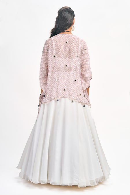 Shop_Tanu Malhotra_White Georgette, Organza Sweetheart Neck Printed Cape Skirt Set _at_Aza_Fashions