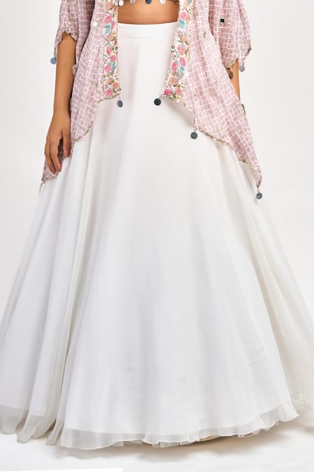 Buy_Tanu Malhotra_White Georgette, Organza Sweetheart Neck Printed Cape Skirt Set _Online_at_Aza_Fashions