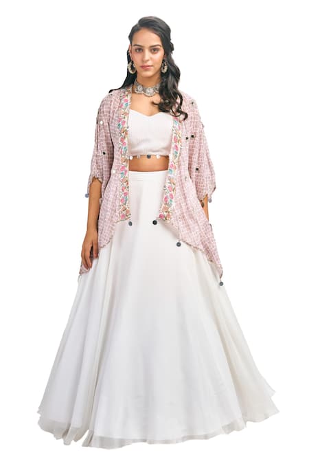 Shop_Tanu Malhotra_White Georgette, Organza Sweetheart Neck Printed Cape Skirt Set _Online_at_Aza_Fashions