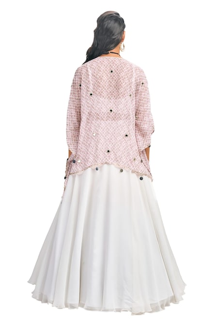 Tanu Malhotra_White Georgette, Organza Sweetheart Neck Printed Cape Skirt Set _at_Aza_Fashions