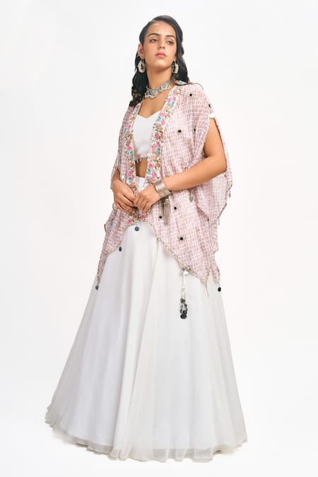 Shop_Tanu Malhotra_White Georgette, Organza Sweetheart Neck Printed Cape Skirt Set 