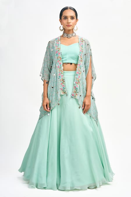 Tanu Malhotra Blue Crop Top And Cape Georgette Printed Floral Butta Cape Open Skirt Set
